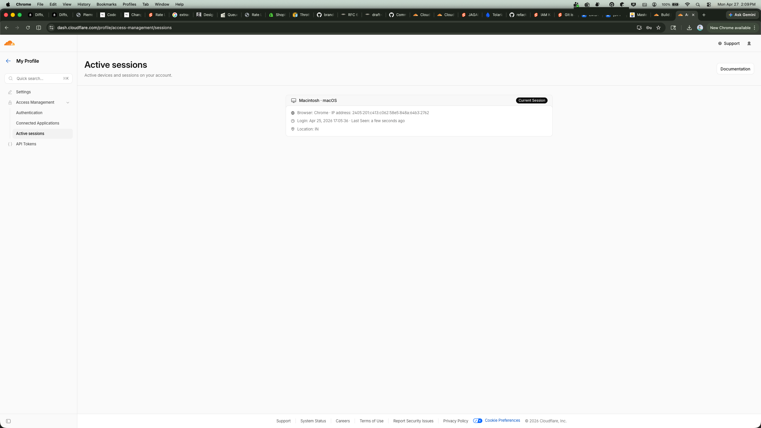 Active sessions — only the current macOS session remains