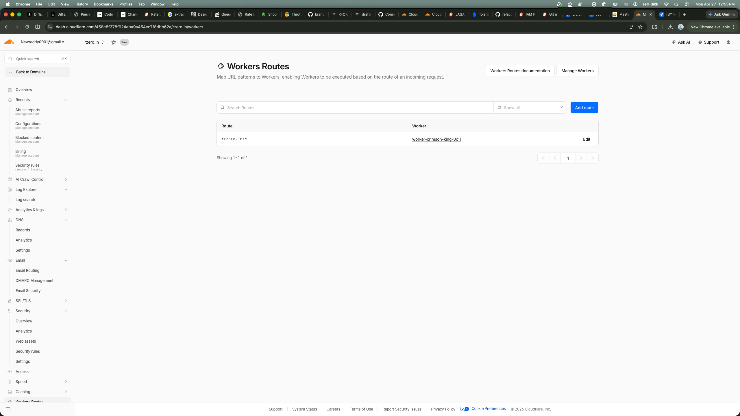 Workers Routes showing rogue worker attached to *rzero.in/*